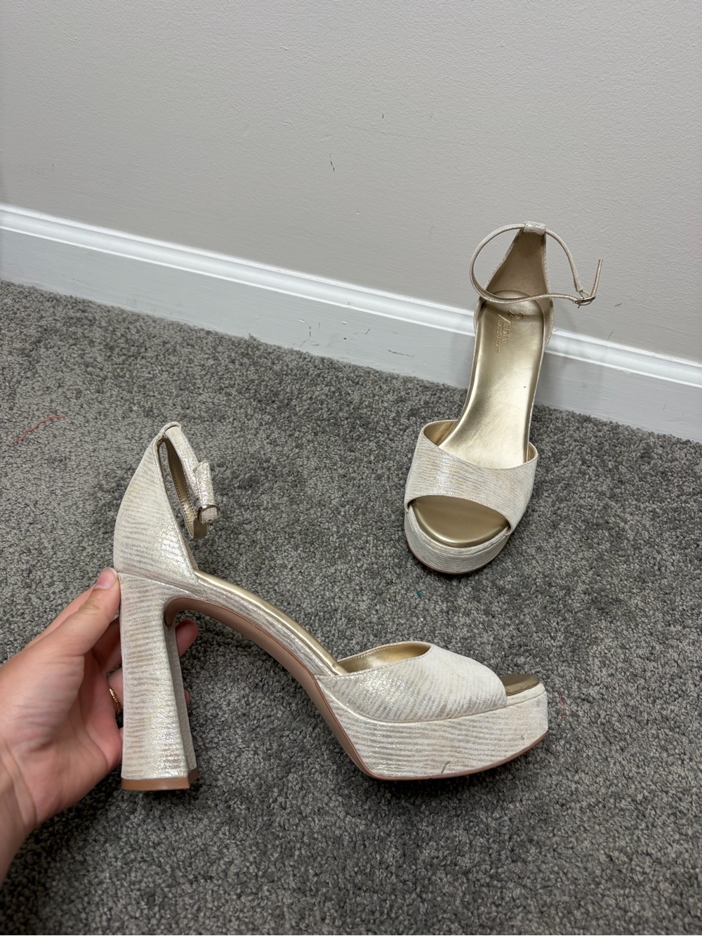 27 EDIT Delphie Metallic Leather Ankle Strap platform heels